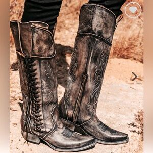 Freebird Wesley Western Inspired Distressed Black Snip-Toe Knee Boots Like NIB